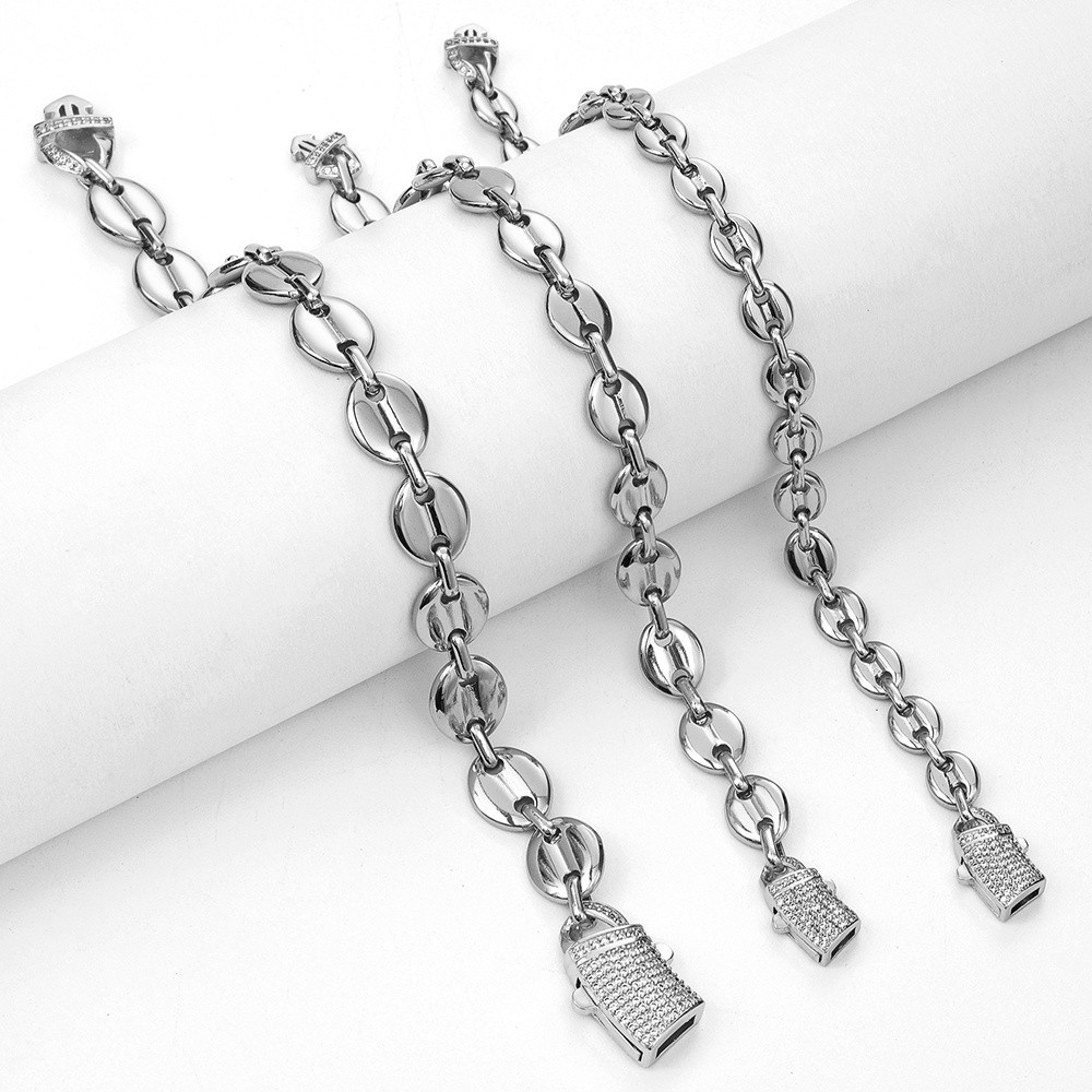 Men’s 7/9/11mm Stainless Steel Coffee Beads Chain Bracelet with Bling CZ Lock