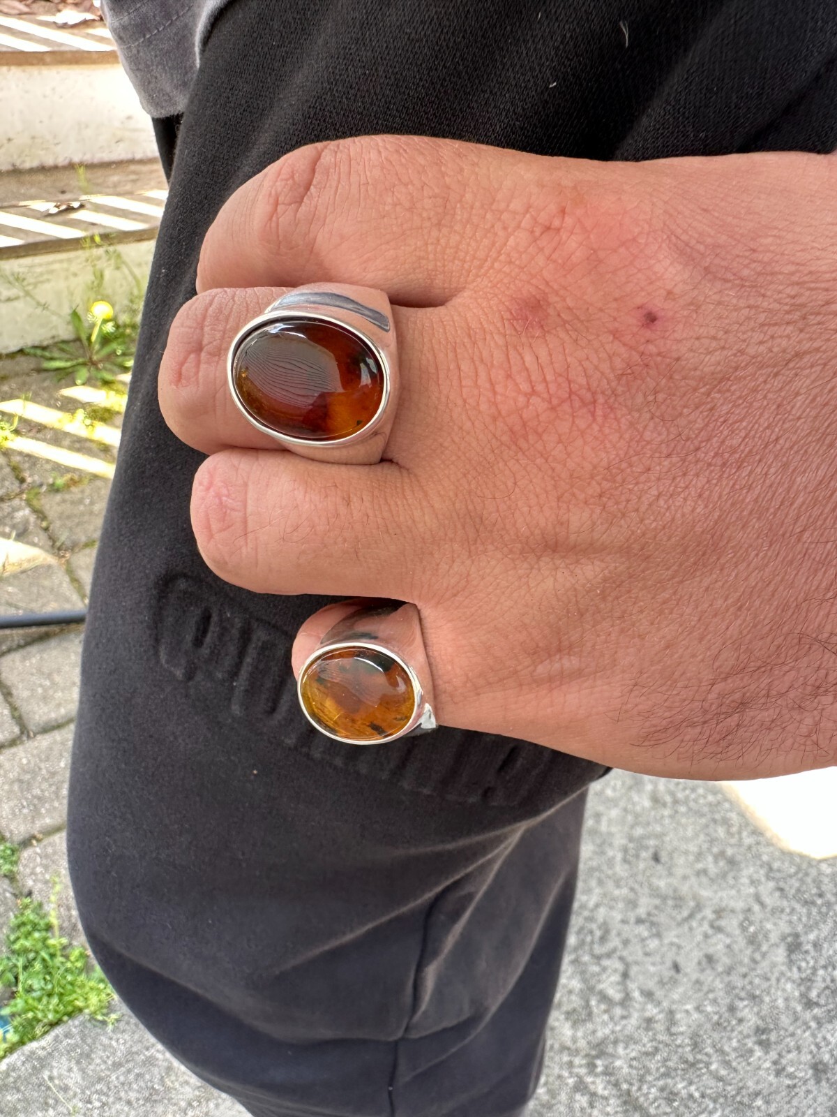 Large Genuine Baltic Amber Stone Mens Real Solid 925 Sterling Silver Signet Ring