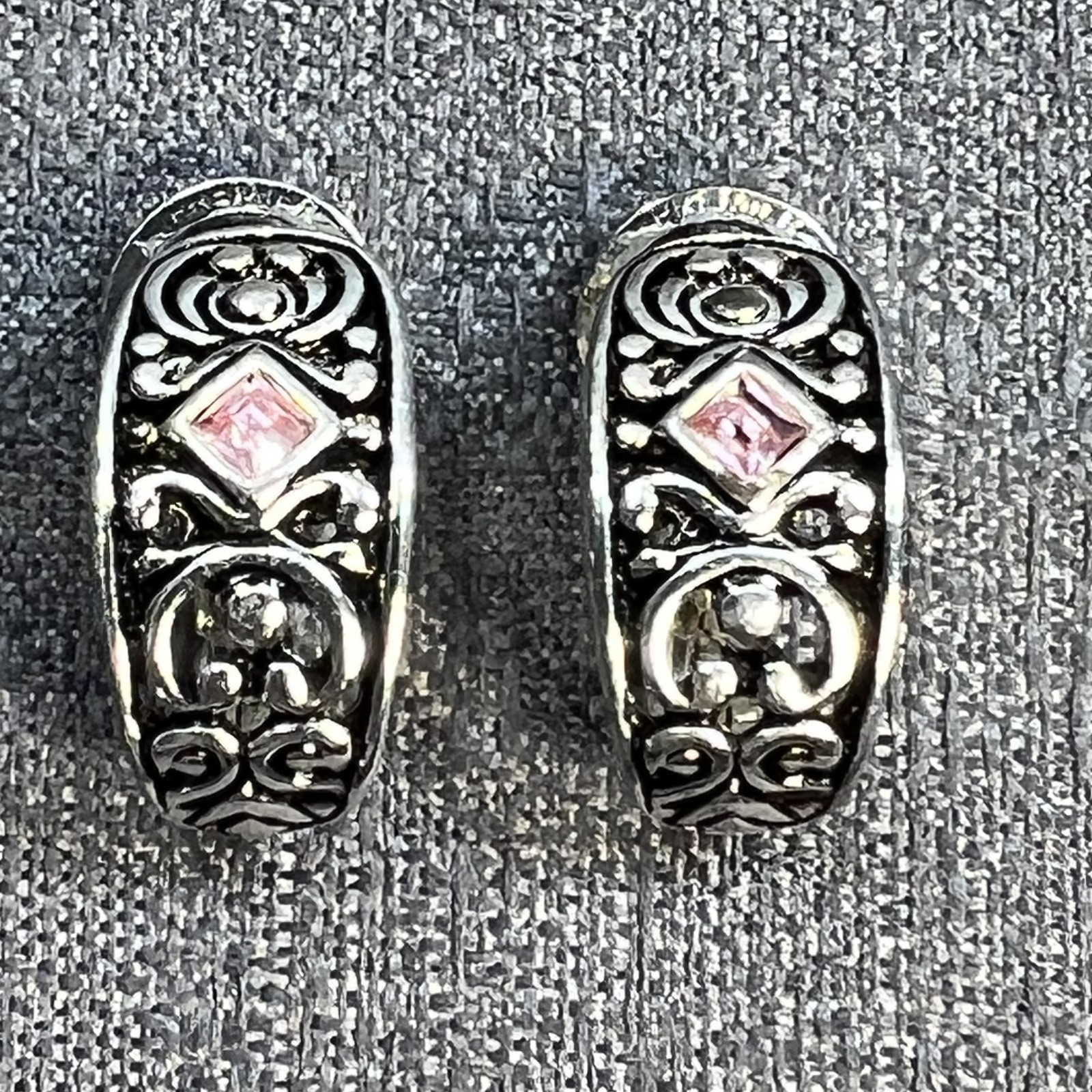 Premier Designs Silver & Pink Rhinestone Hoop Convertible Clip/Post Earrings