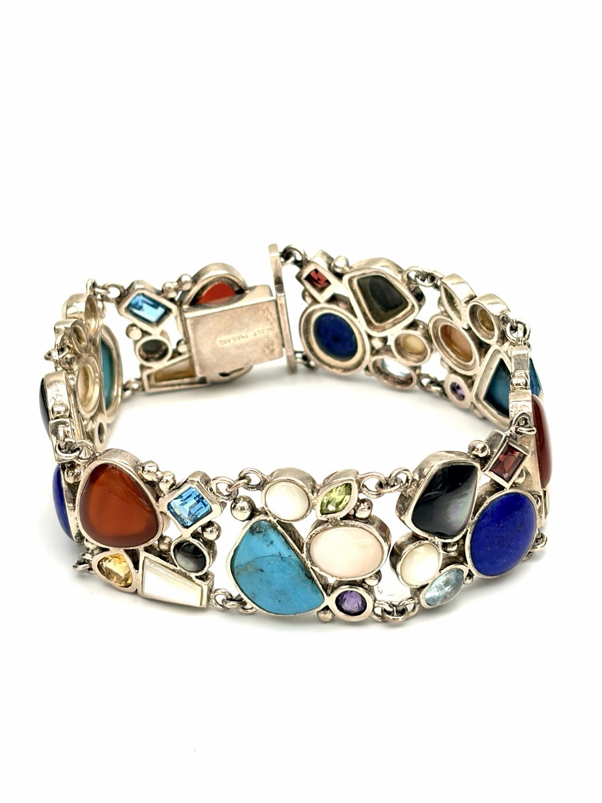 Multistone Sterling Silver Bracelet- Bohemian Colorful Gemstone Designer Signed