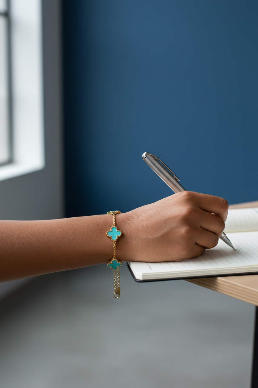 Clover Motif Bracelet with Turquoise Enamel and Gold Plated Chain
