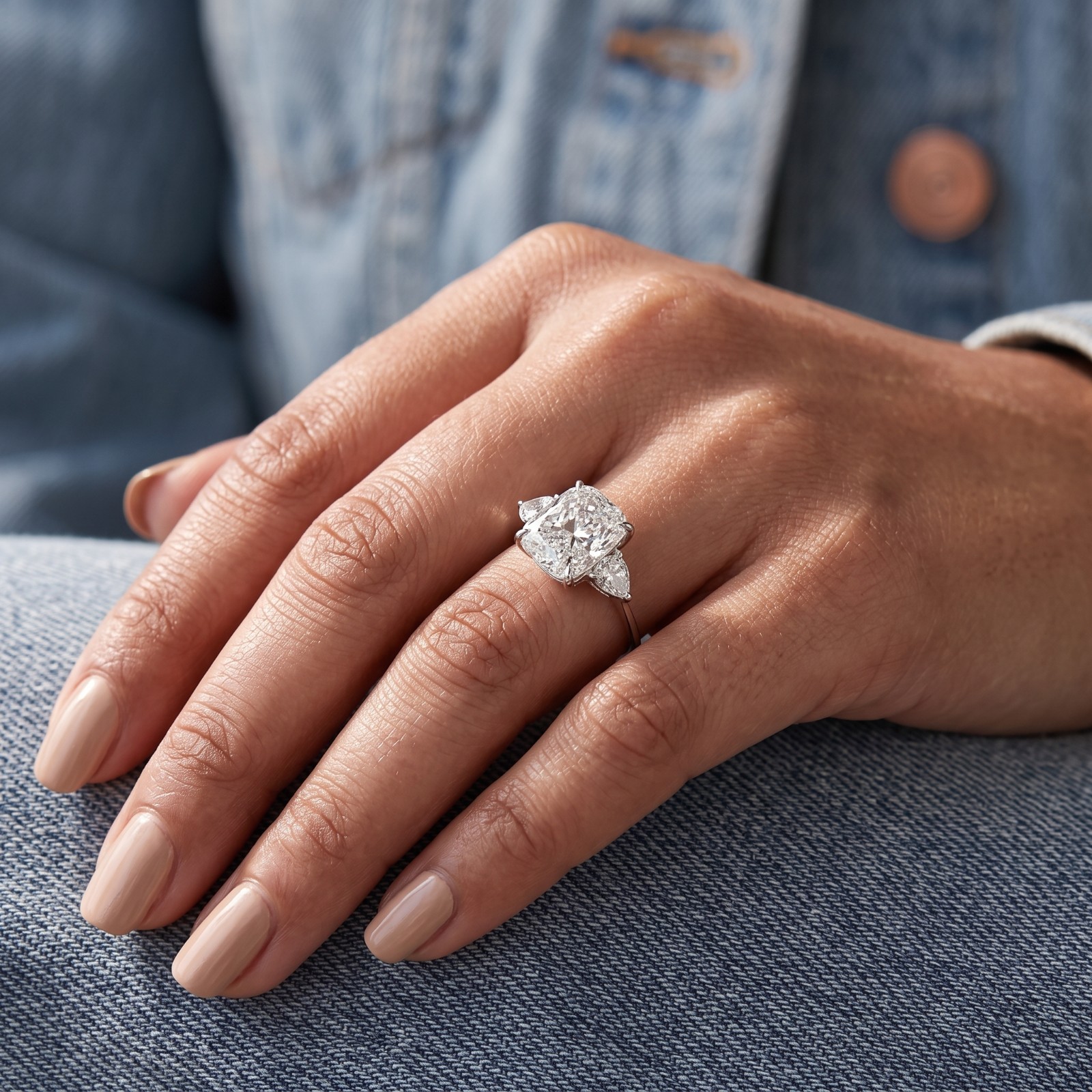 3CT Cushion Cut Moissanite Engagement Ring with Pear Side Stones Sterling Silver