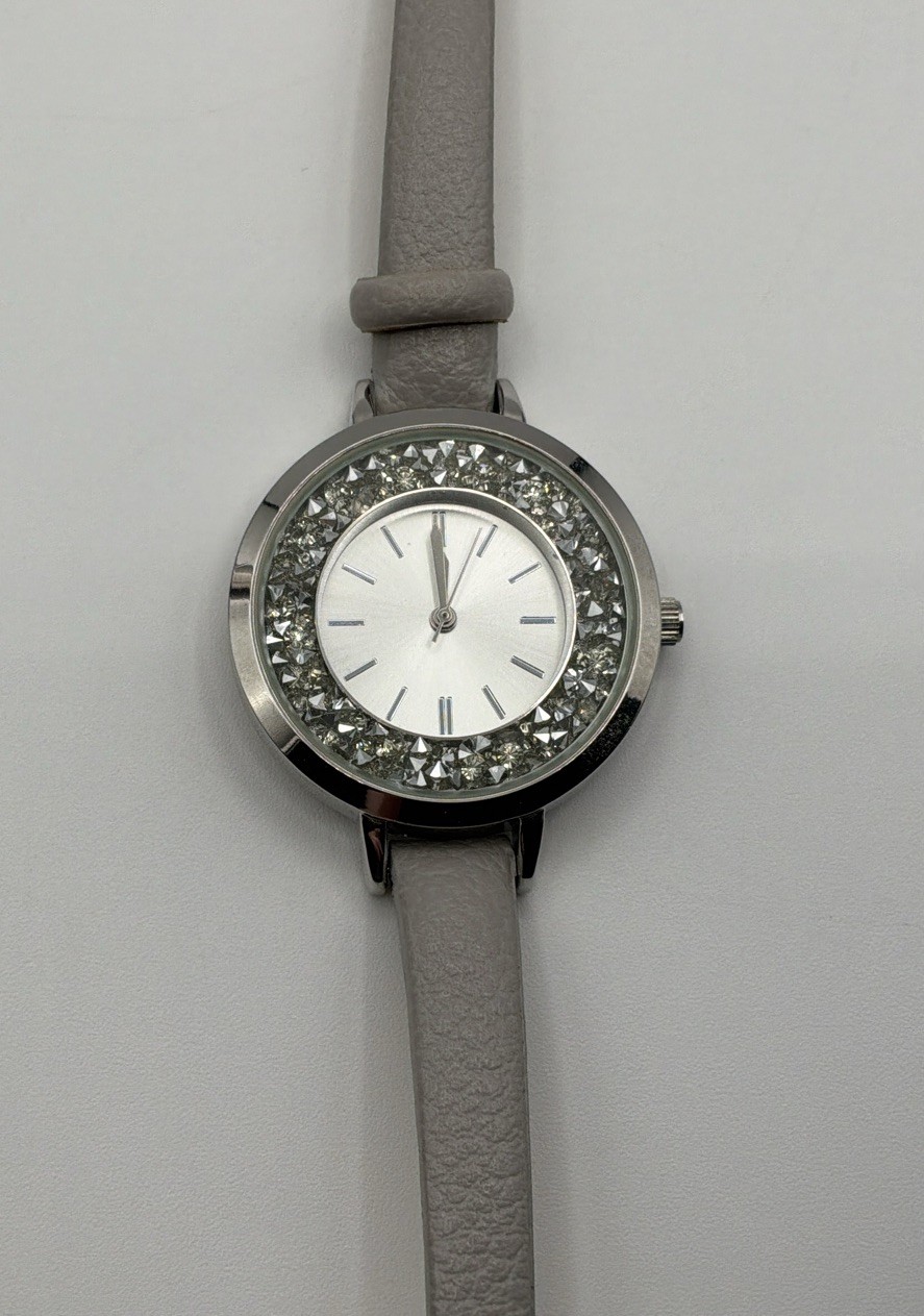 Accutime Watch Corp Silver Tone Women’s Wristwatch Gray Faux Leather New Battery