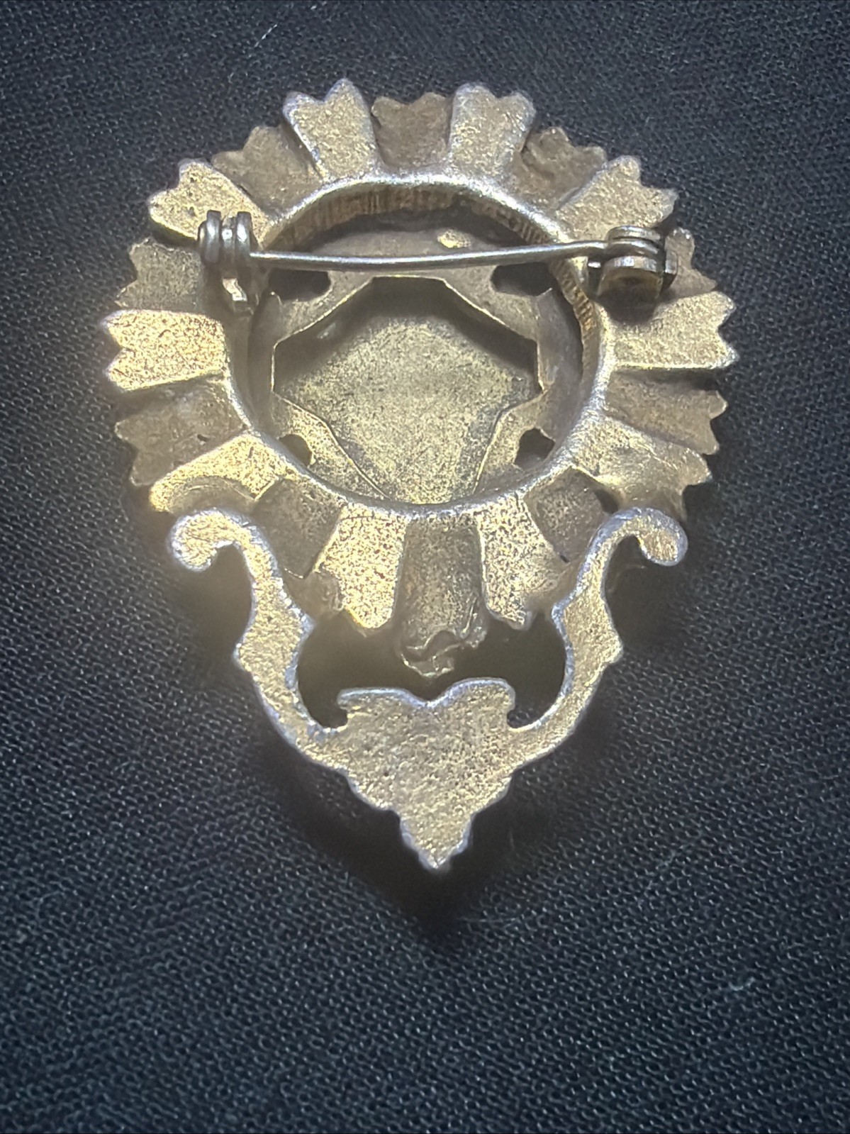 Vintage Heraldic Coat of Arms Standing Red Lions Laurels Fleur De Lis Brooch Pin