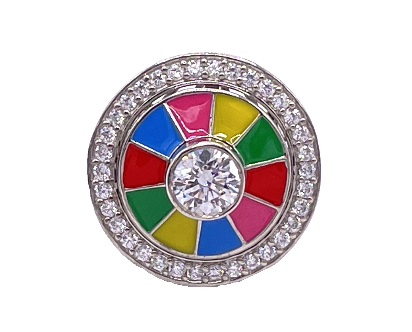 STATEMENT Ring Round 70’s 80’s Multi Color Enamel CZ Halo (6) Plat/Sterling NEW