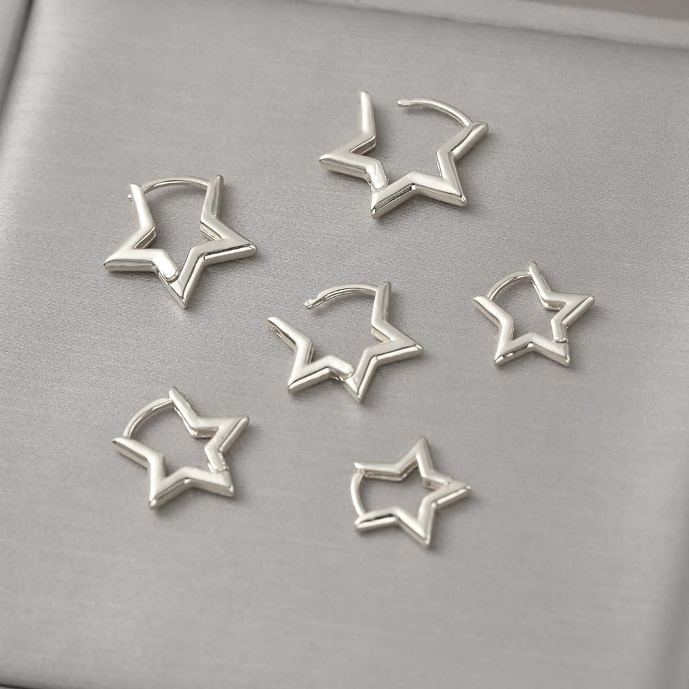 3 Pairs Silver Star Hoop Earrings Set for Women Small Y2K Huggie Earrings Trendy