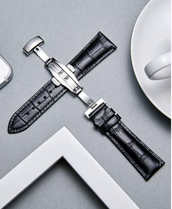 18/20/22/26MM Watch Band Strap Genuine Leather Alligator Deployment Clasp Buckle