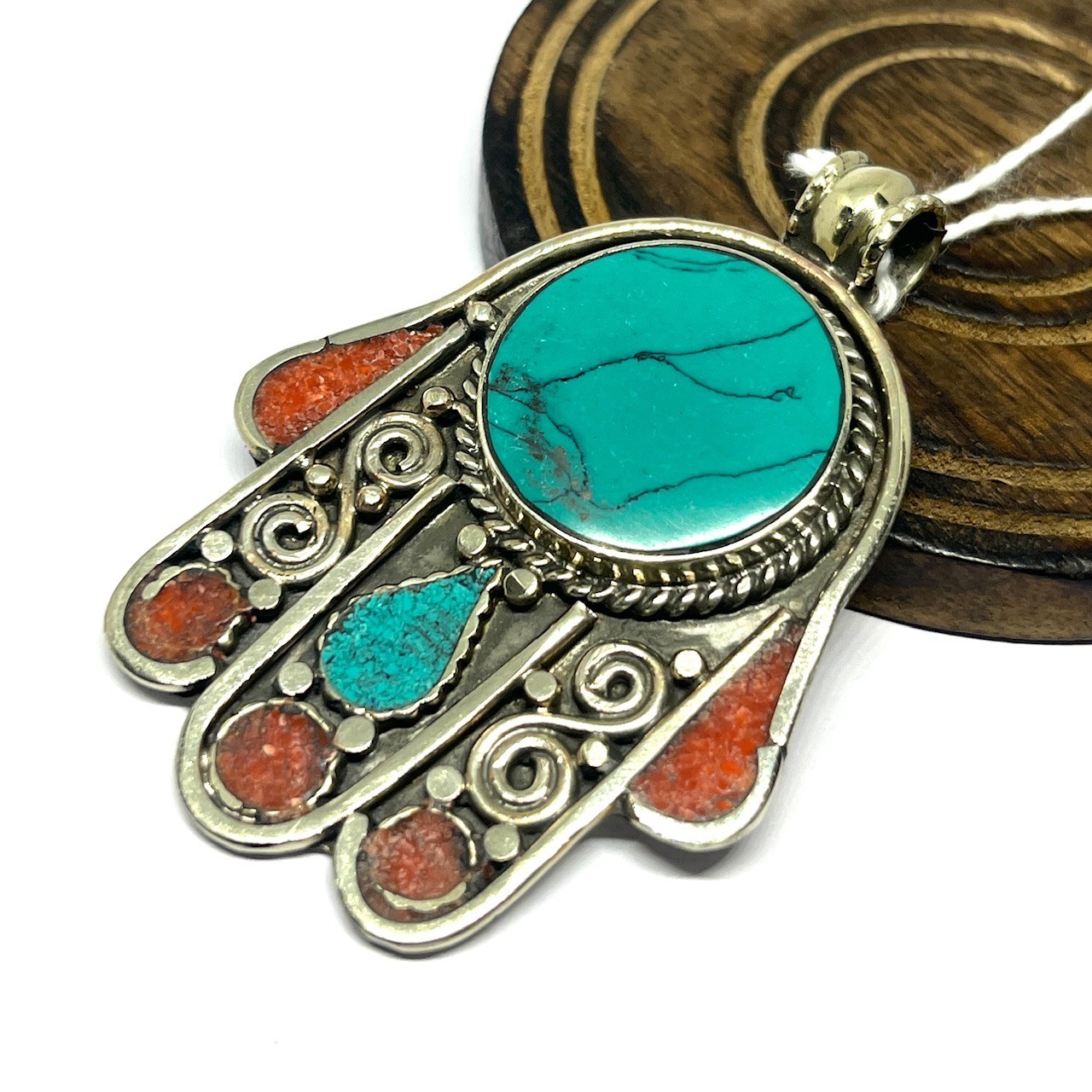 Vintage Turquoise Coral Gemstone Tibetan Buddhist Pendant Jewelry, 2.5 inch