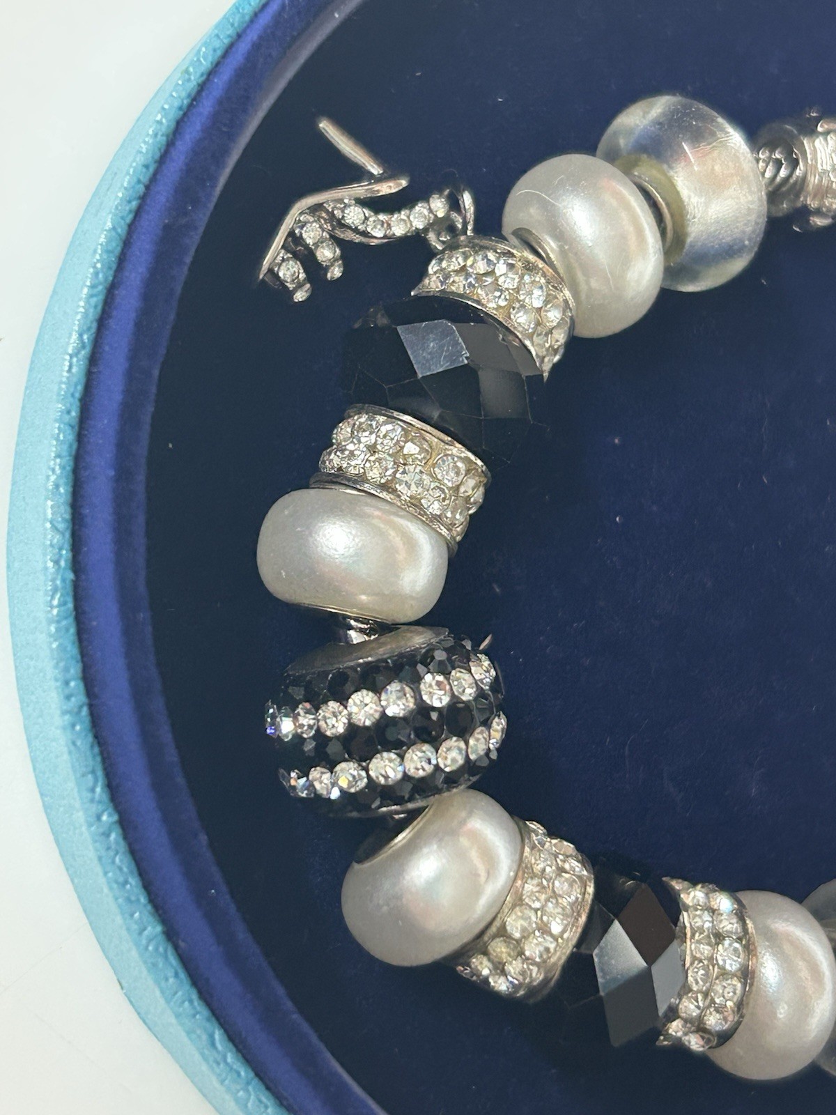 Bella Perlina Charm Bracelet with Black & White Beads and Rhinestone Accents