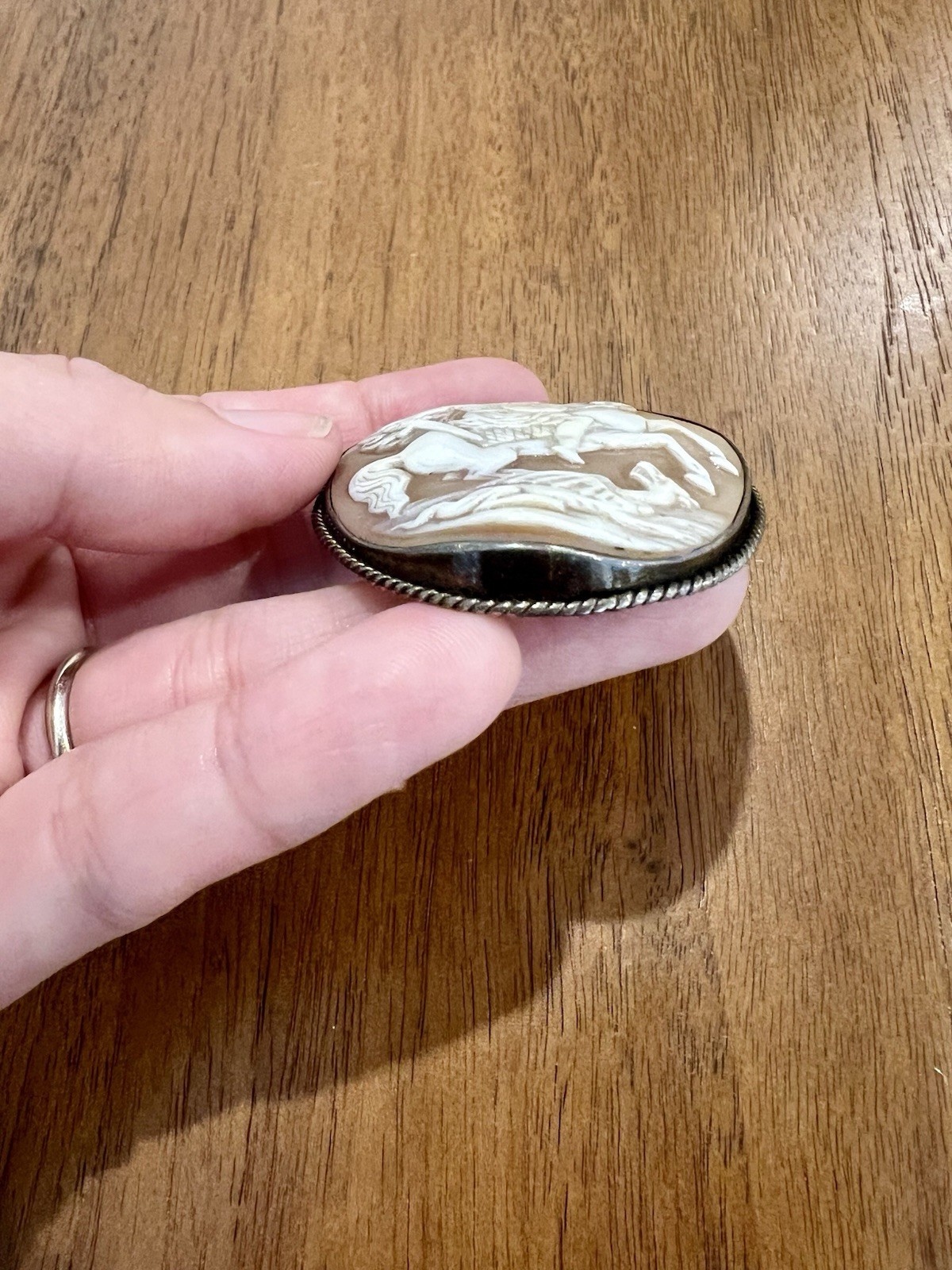 Large Antique 5.5cm Shell Cameo Brooch Saint George Slaying Dragon Silver c1920