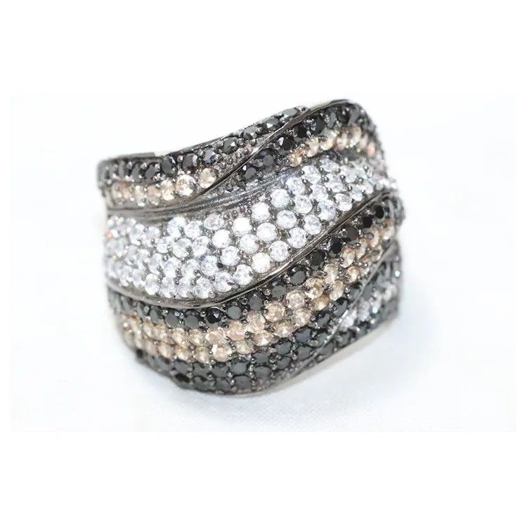 Sterling Silver Black White And Tan Cubic Zirconia Wavy Ring
