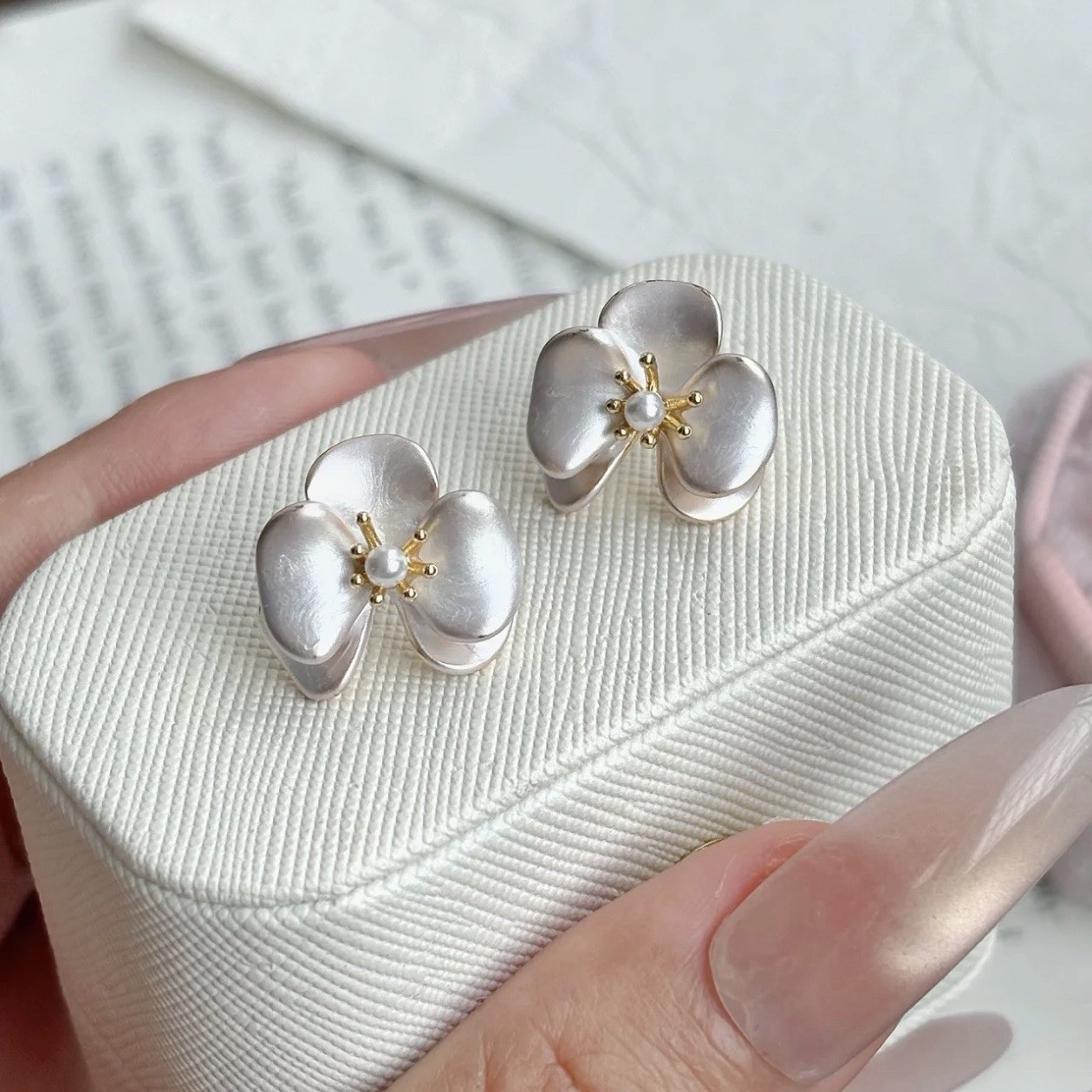 14K Gold Plated Flower Pearl Stud Earrings Copper 15mm Butterfly Back