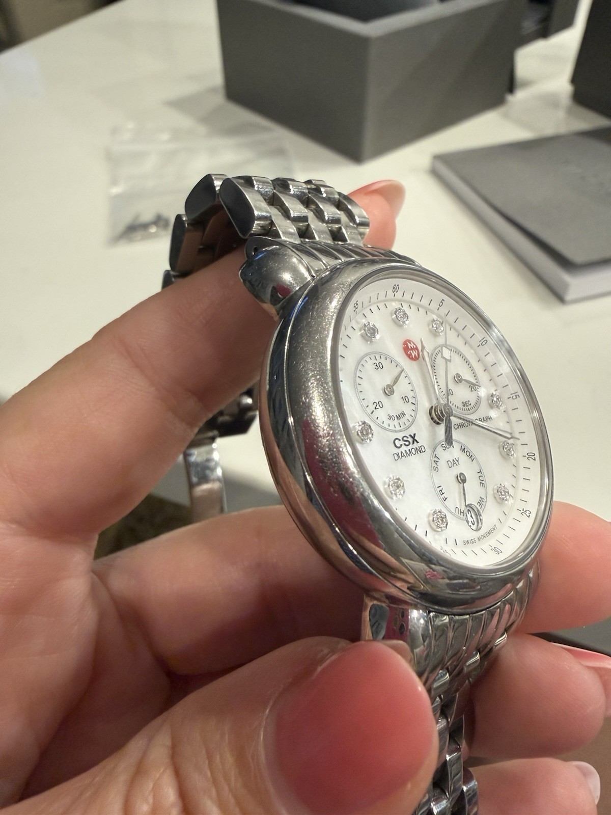 MICHELE CSX Diamond Chronograph Quartz Watch Diamond Markers MOP Dial Box