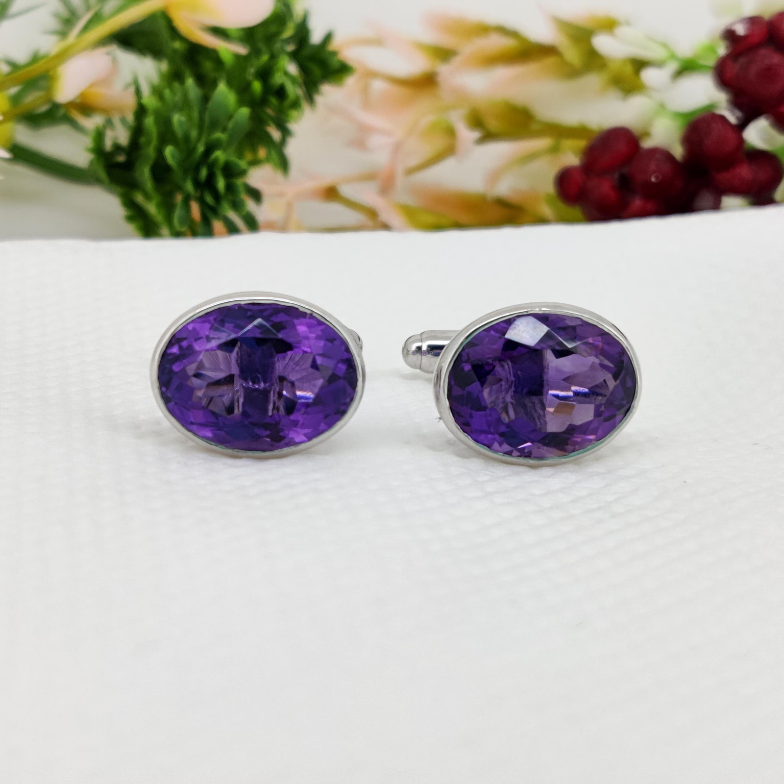 Natural Amethyst Silver Cuff Links for Men 12×16 mm Oval Gemstone Cuffs for him