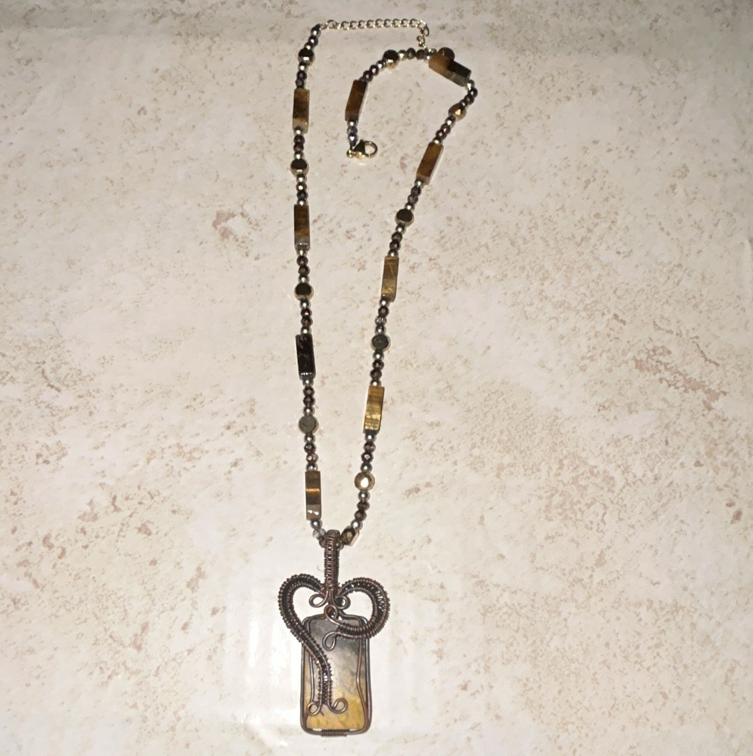 Handcrafted Copper Wire-Wrapped Pendant w/ tigers eye beaded Necklace
