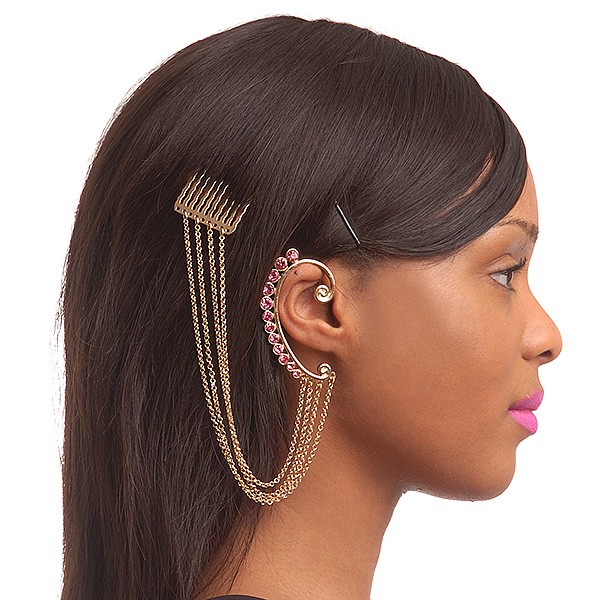 1 Pc Pink Crystal Ear Cuff With Comb In Gold Plating – Only For The Right Ear