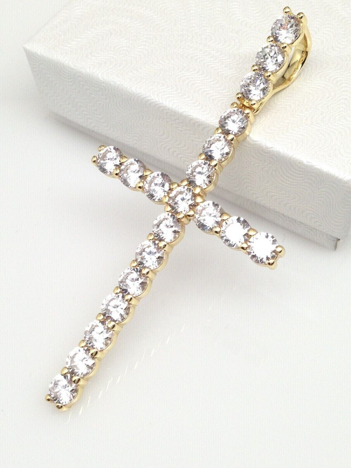 Men 925 Sterling Silver CZ Long Tennis Cross Pendant Gold Cross 1.77″/2.36″