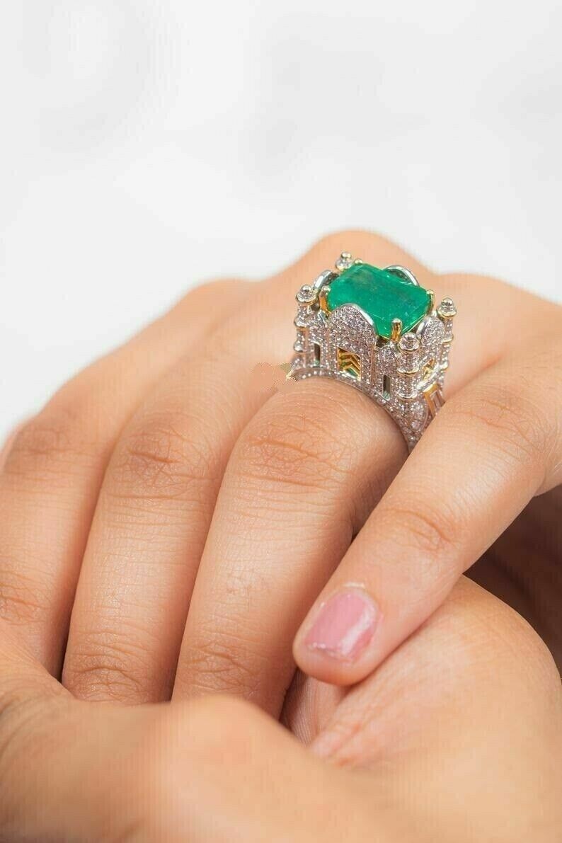 3Ct Lab Created Emerald Diamond Taj Mahal Engagement Ring 14K White Gold Finish