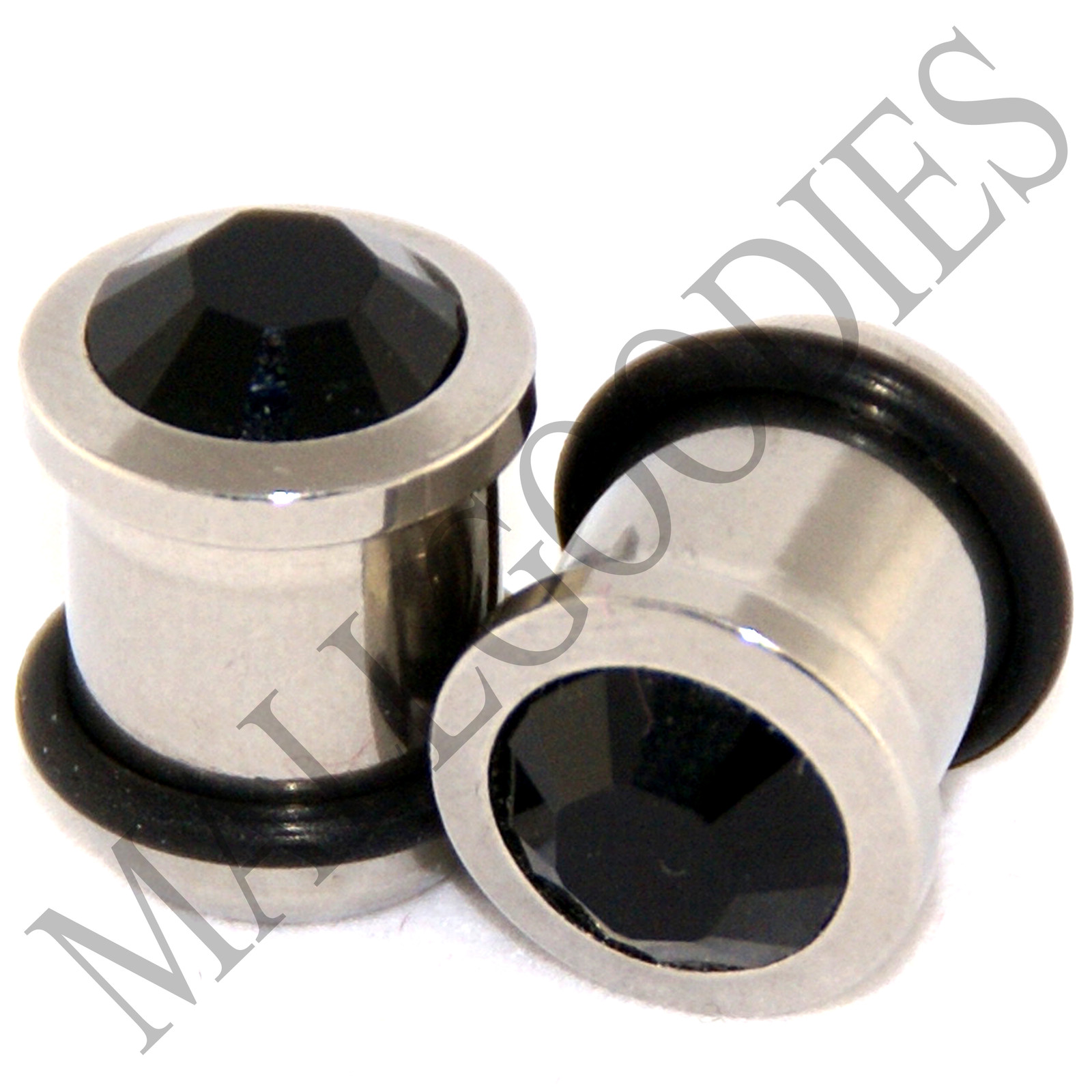 P007 Surgical Steel with Solid Black CZ Crystal Gem Ear Plugs 00 Gauge 00G 10mm