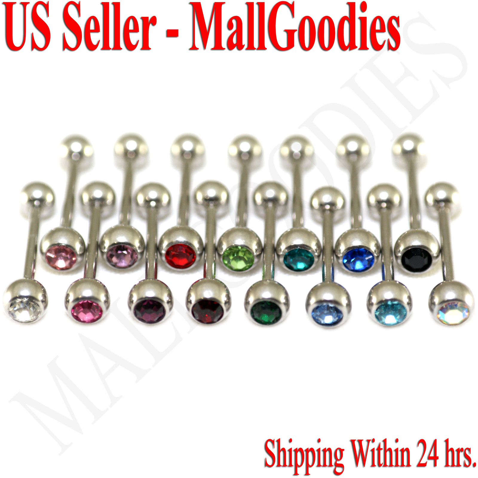 V096 Surgical Steel Gem Jewels Tongue Rings Barbells Metal Bars PICK YOUR COLORS