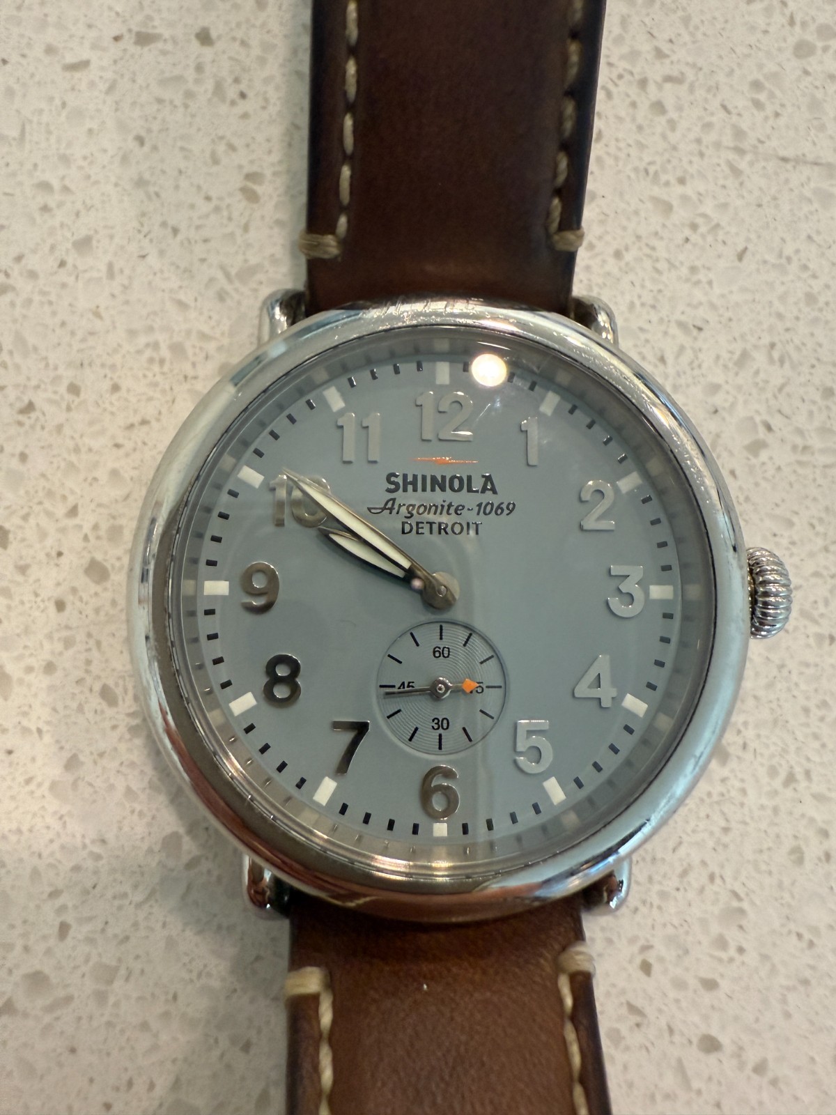 Shinola Runwell Argonite 1069 Quartz Unisex Slate Blue/Brown Leather Watch 41mm
