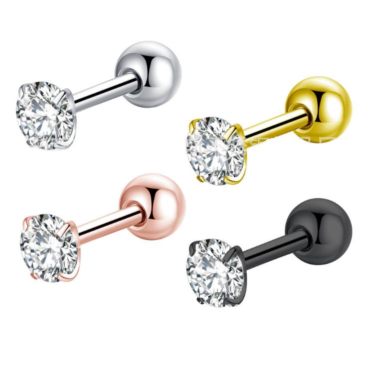 Unisex Surgical Steel Ball Back Screw Stud Earrings Prong Set CZ Inlaid 4MM PE30
