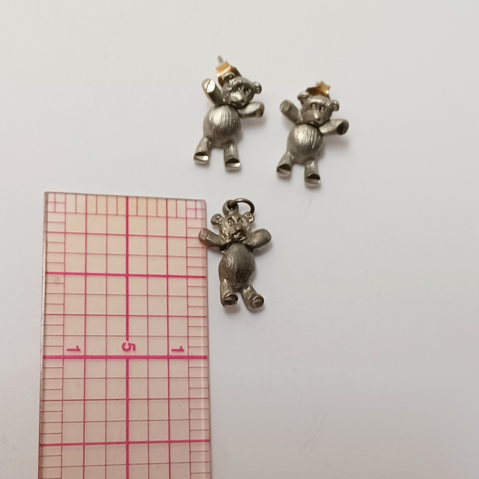 Tiny Pewter Articulated Teddy Bear Earrings & Pendant No Chain