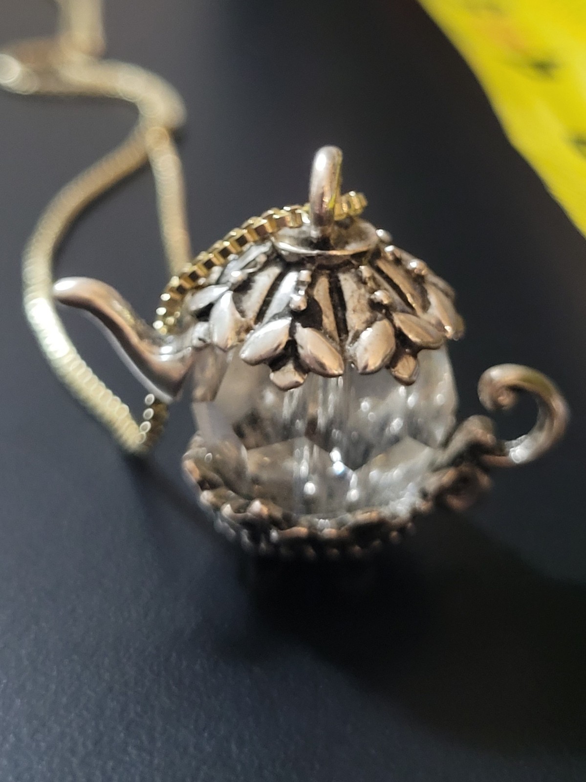 Silver Chain Necklace W/ Whimsical Teapot Charm Pendant Clear Crystal 19-24in