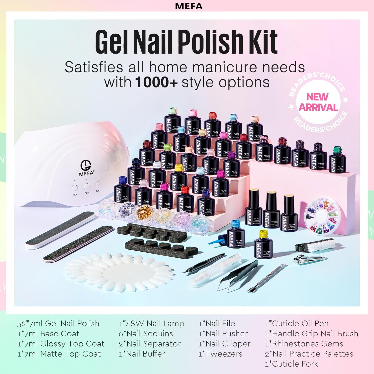 MEFA 56pc Gel Nail Polish Kit w/ UV Light, 32 Colors Hot Pink & Glitter Gels