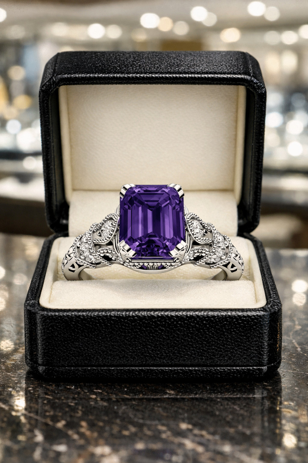 3.20 Ct Emerald Cut Natural Amethyst & Diamond Engagement Ring 14K White Gold 7