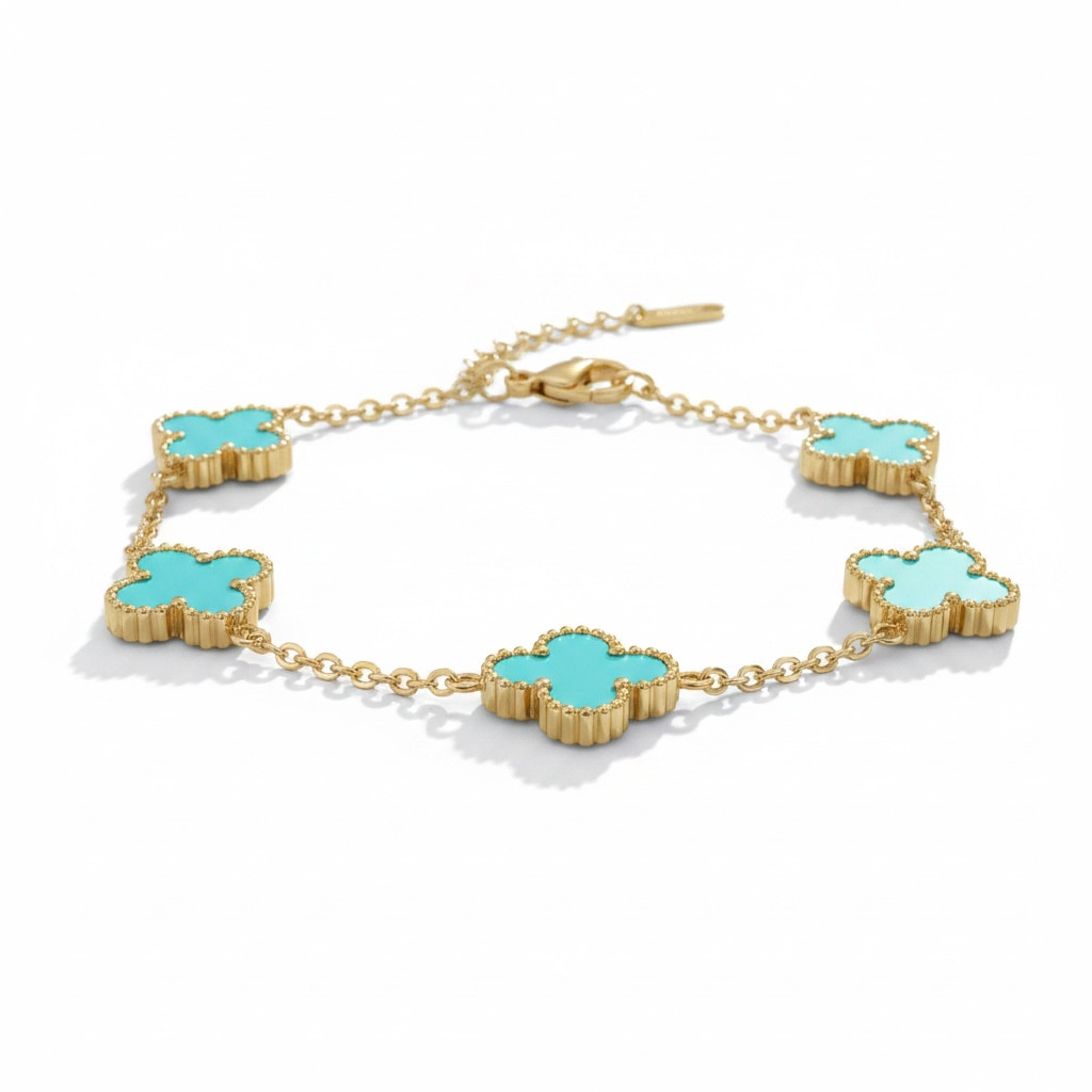Clover Motif Bracelet with Turquoise Enamel and Gold Plated Chain