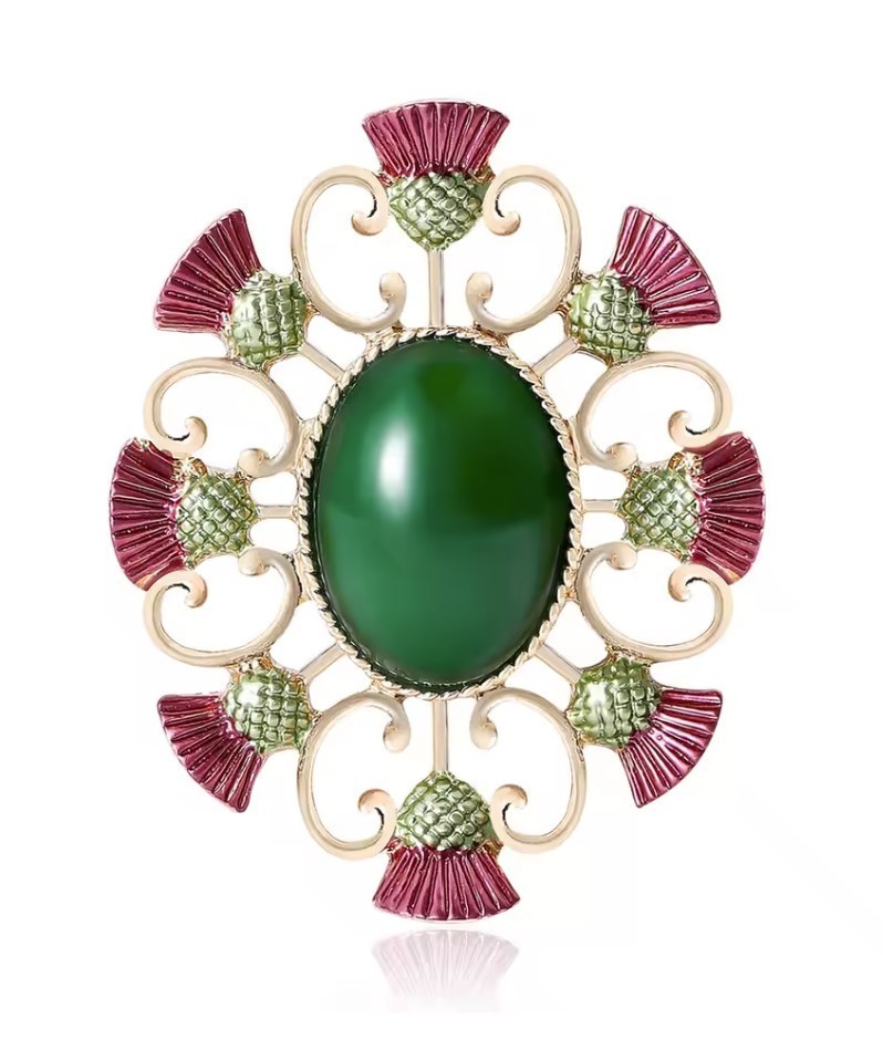 Enamel Gold Alloy Scottish Thistle Pin with Green Resin Stone