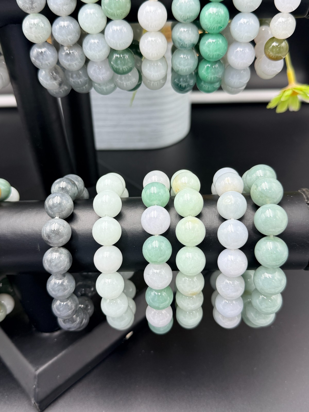 Certified Natural Jadeite Jade Beaded Bracelet Black Gray 13.7 mm #100086
