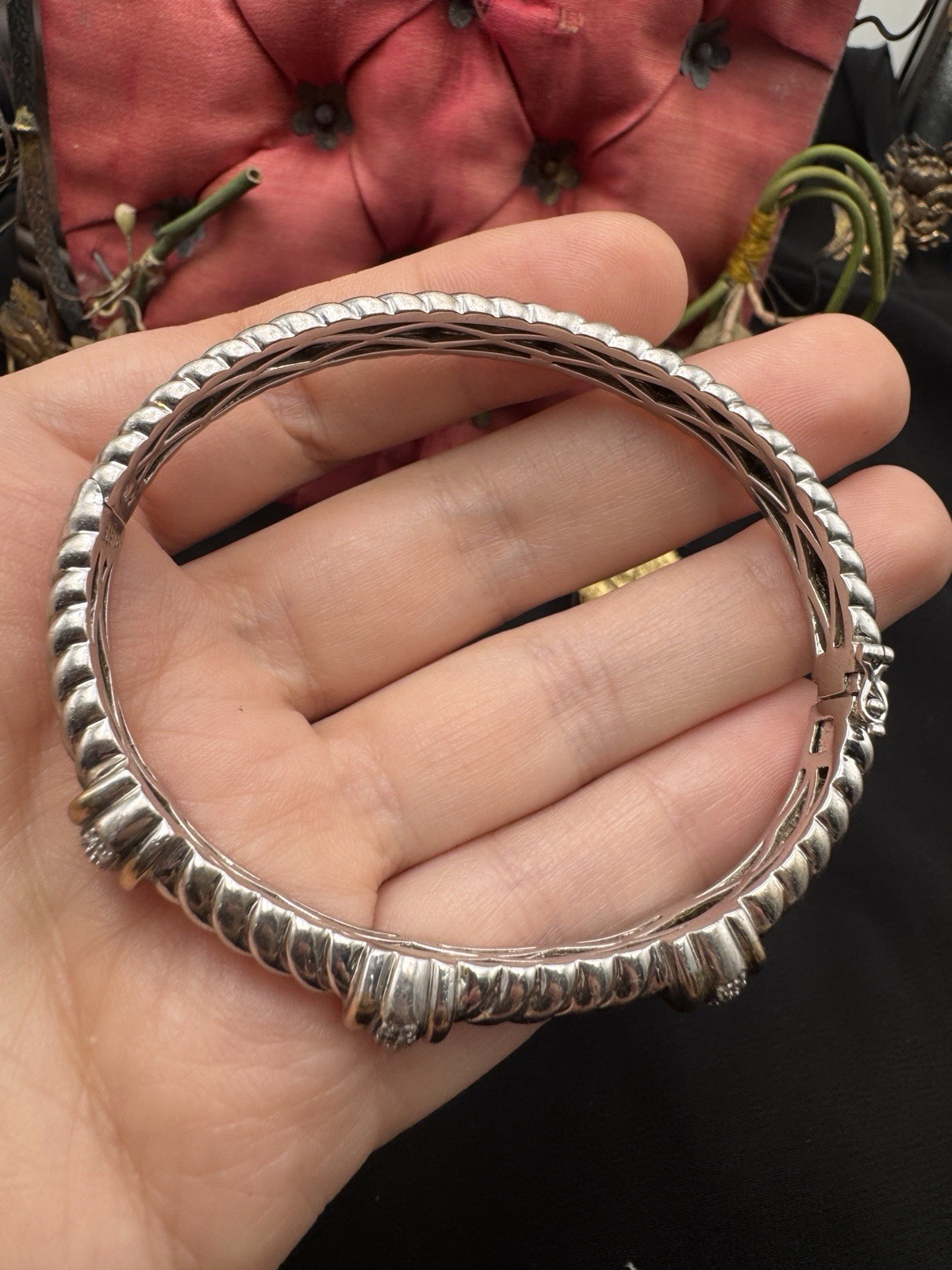 Alwand Vahan 925 Sterling Silver 14k Gold Diamond Hinged Bangle 7 Heavy 36g