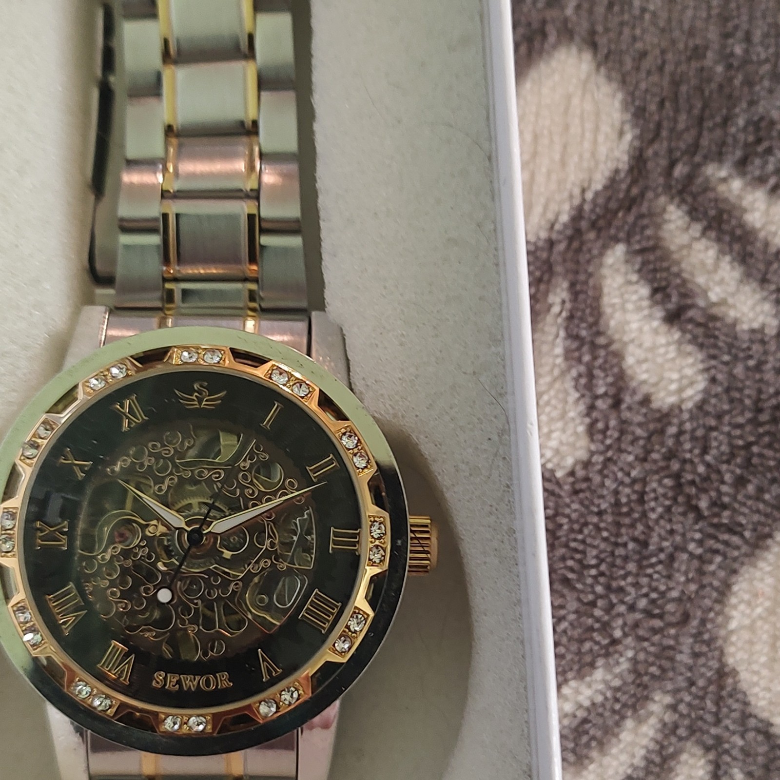 SEWOR Automatic Skeleton Dial Roman Numerals Two-Tone Metal Bracelet w/ Box