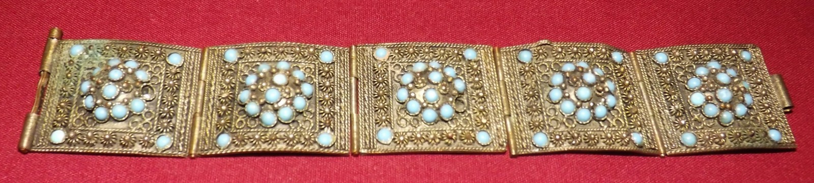 Antique Turkish Silver Turquoise 34.3g 5 Panel Link Cuff Bracelet 7″ Marked 900