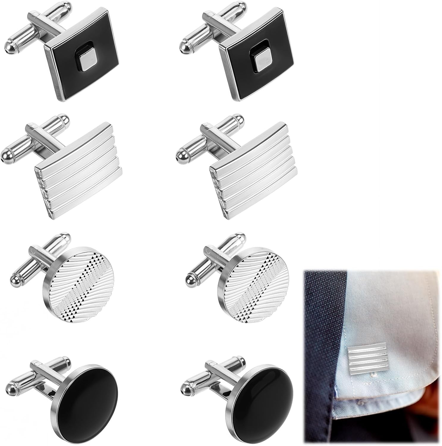 8 Pcs Men’s Classic Cufflinks Cuff Links for Men Silver Black Striped Disc Squar