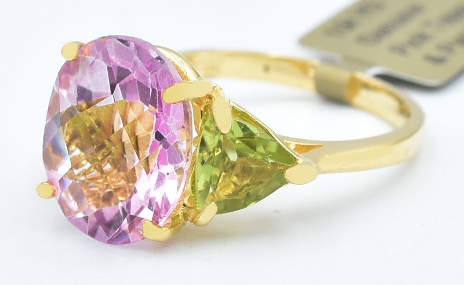 GENUINE 5.15 Cts PINK TOPAZ & PERIDOT RING 10K GOLD – Free Certificate Appraisal