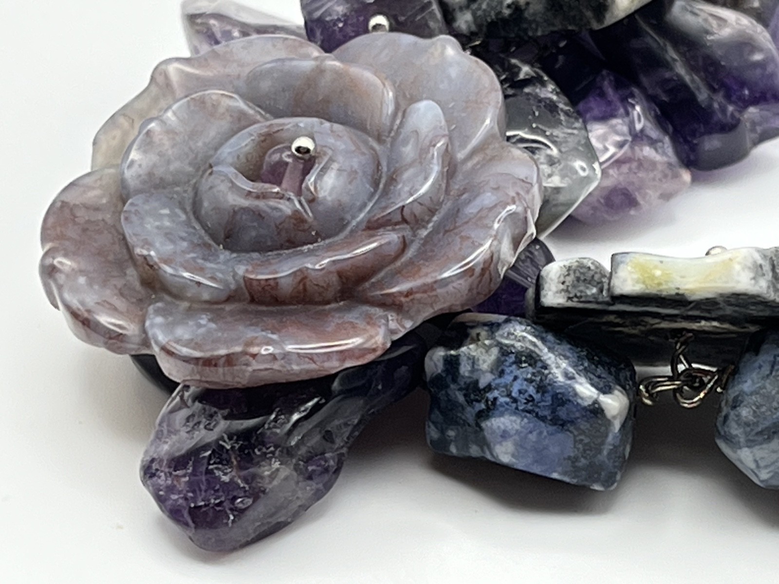 Amethyst Sodalite Purple Blue Flowers Beaded Bracelet Charm Wide Adjustable