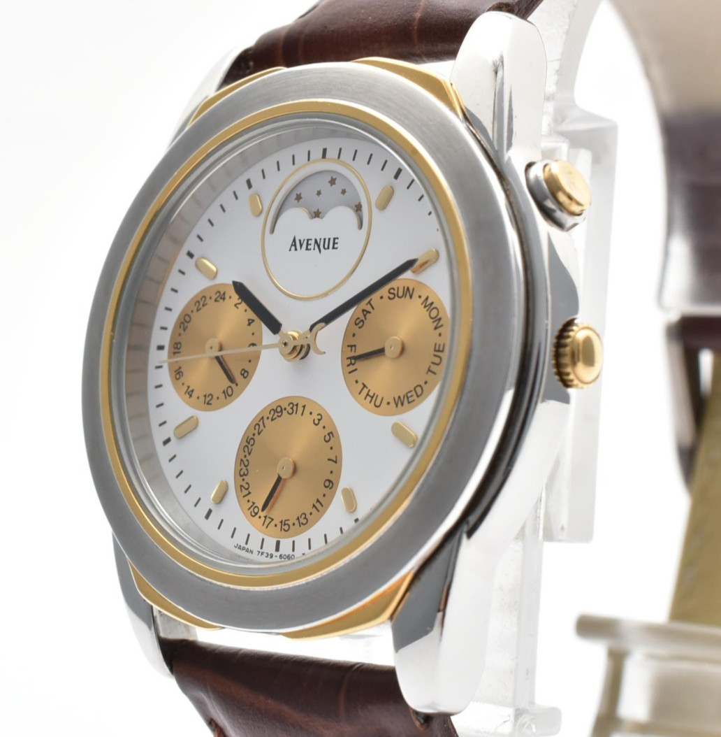 SEIKO Avenue 7F39-6080 Moon phase Day Date 34mm Vintage Quartz Men’s Watch JAPAN