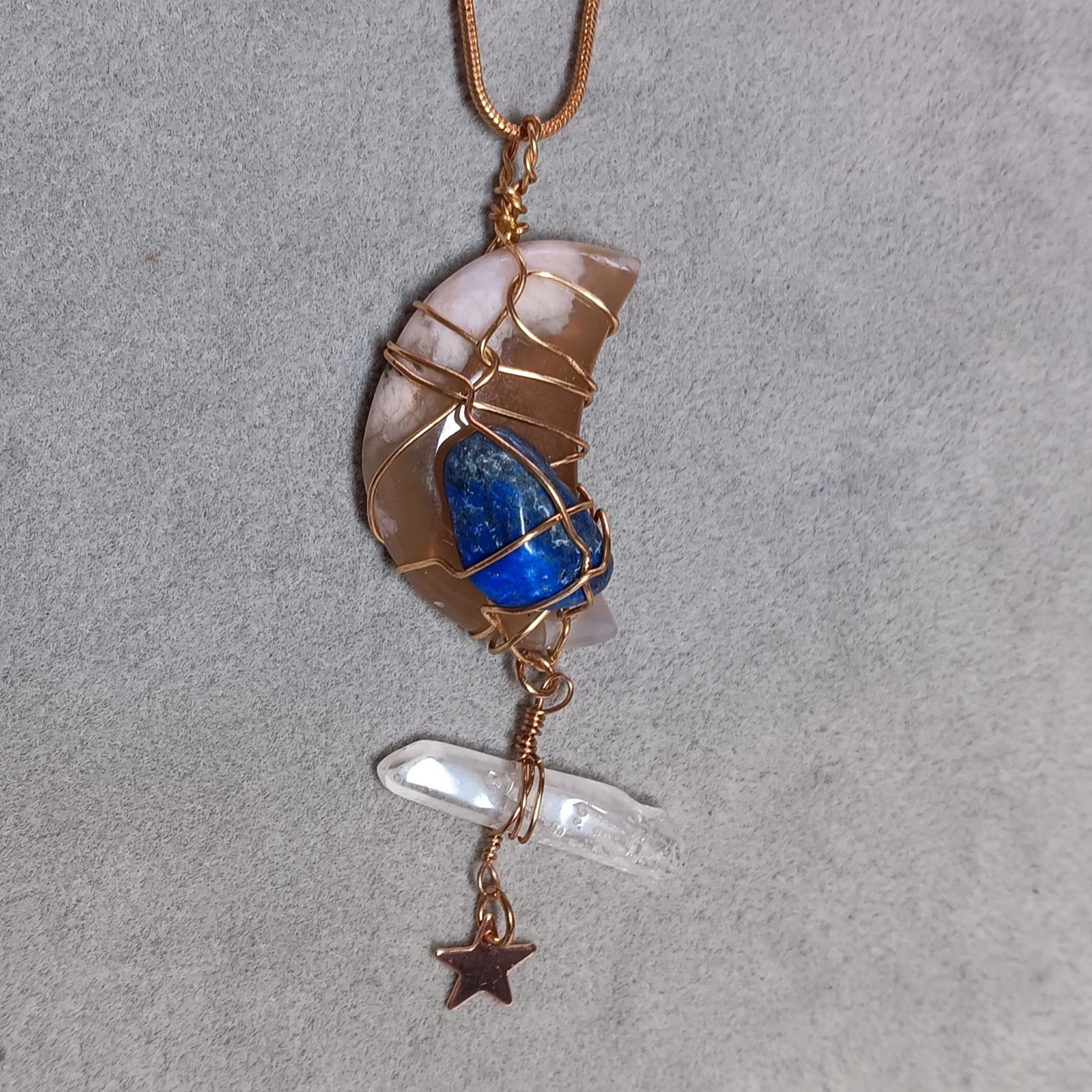 Wire Wrapped Jewelry Moon Pendant Star Necklace Agate Quartz Crystal Lapis Stone