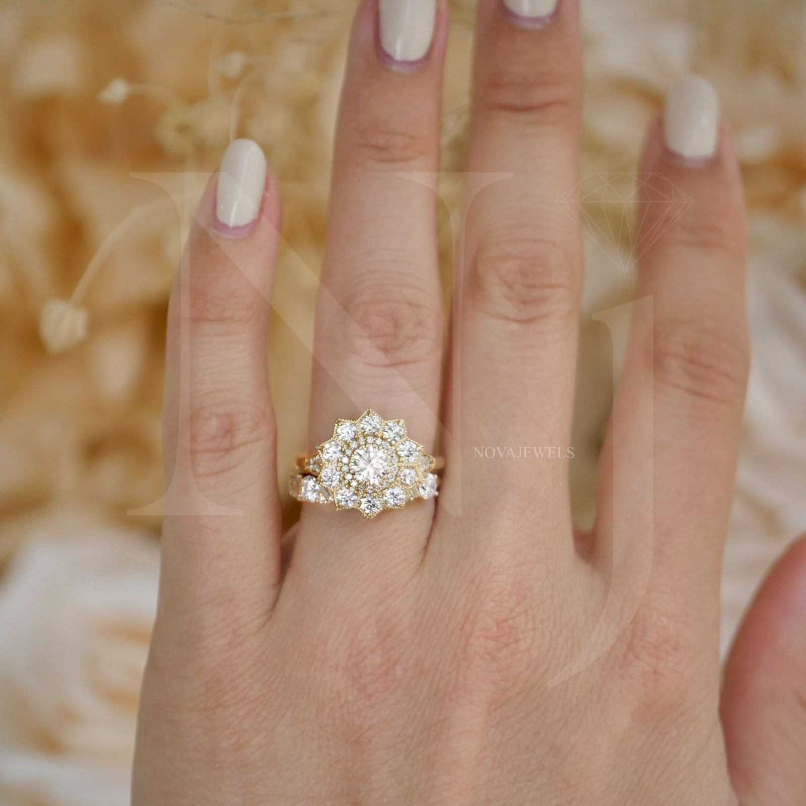 0.5CT Round Cut Halo Moissanite Engagement Ring 14K Yellow Gold Plated For Women