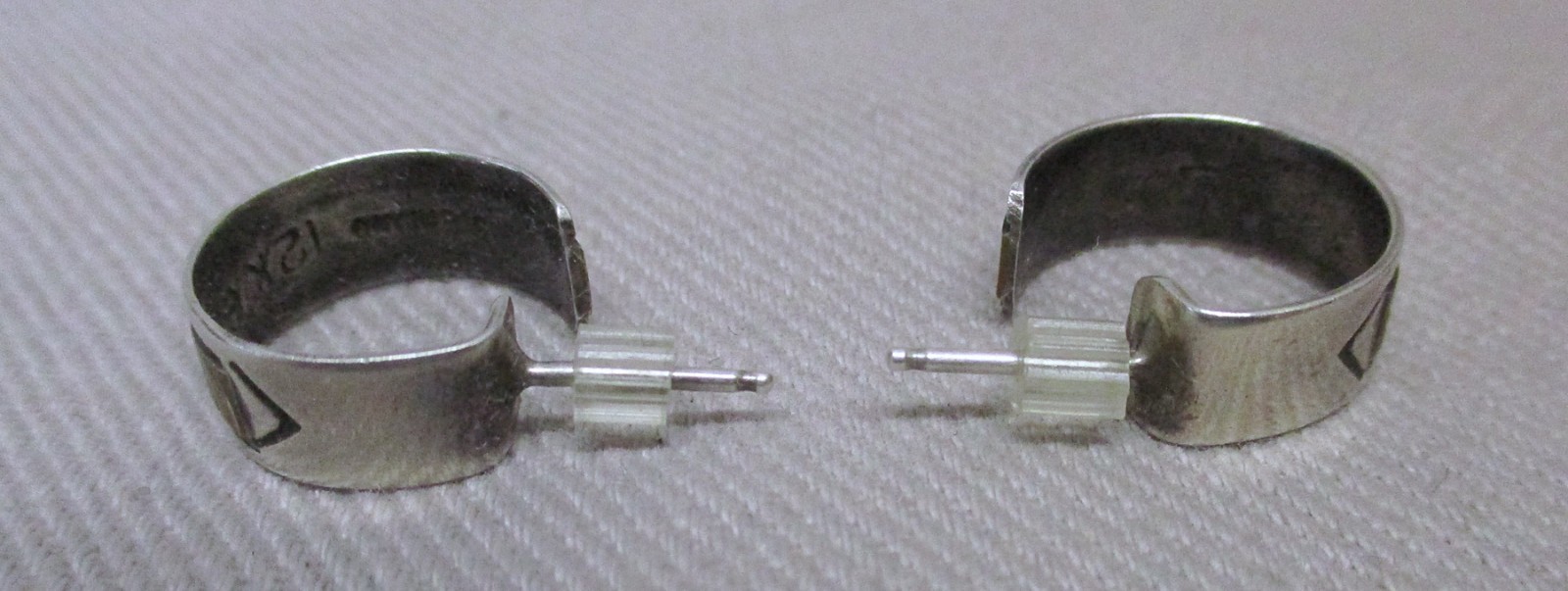 Vintage Brutalist Tooled Sterling & 12K Gold Plate Huggie Loop Earrings