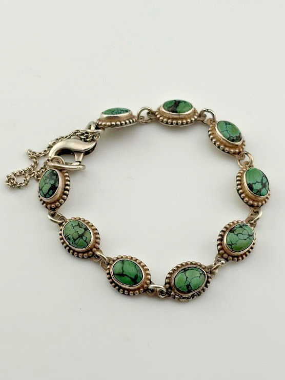 VINTAGE STERLING SILVER GREEN TIBETAN TURQUOISE BRACELET 7″ 14.54G S CHAIN 1476