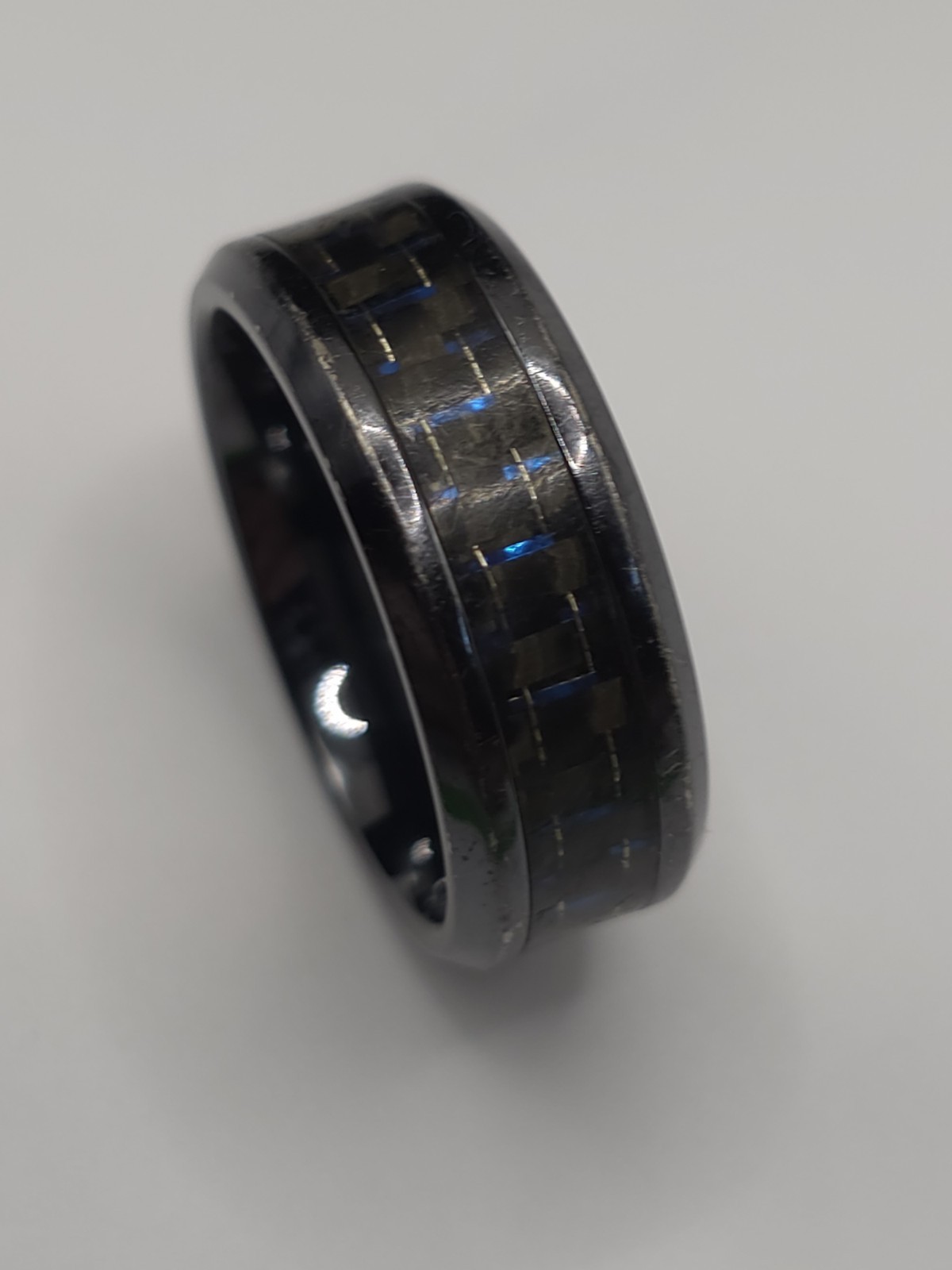 Triton Titanium Wedding Band Ring Approx Size 11 8mm Carbon Fiber Blue Inlay Box