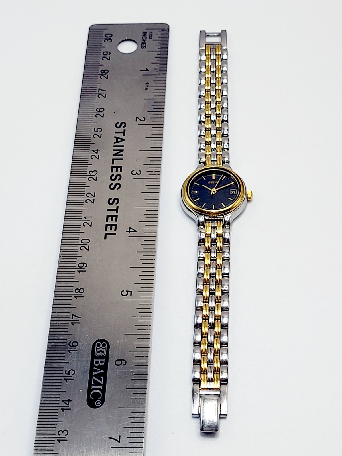 Seiko Watch Women 23mm Black Dial 1995 Two Tone Date Round 7N82-0228 New Battery