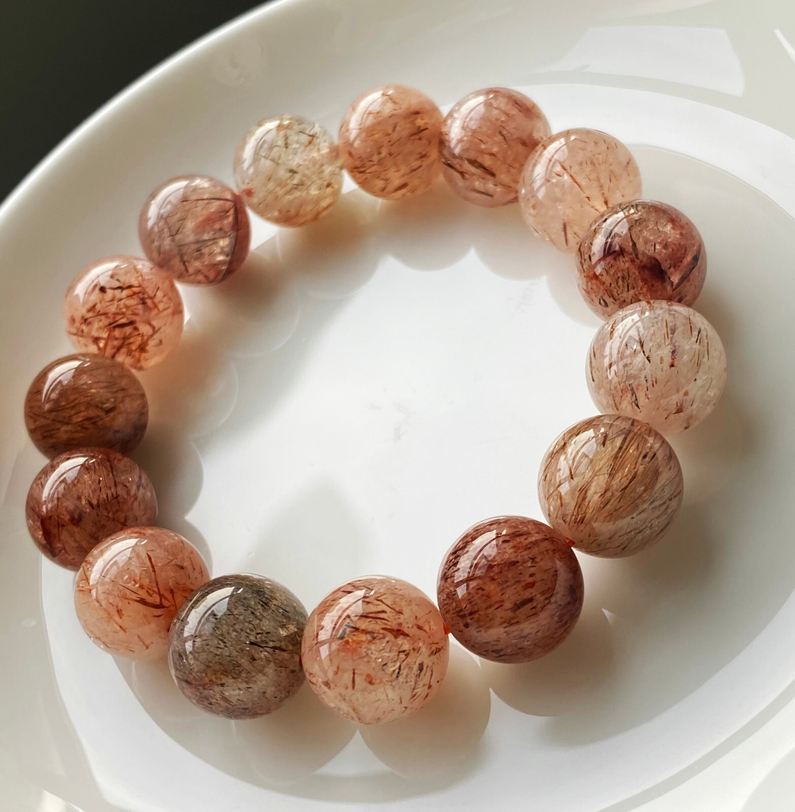13.4mm Natural Red Gold Rutilated Quartz Crystal Beads Bracelet C758