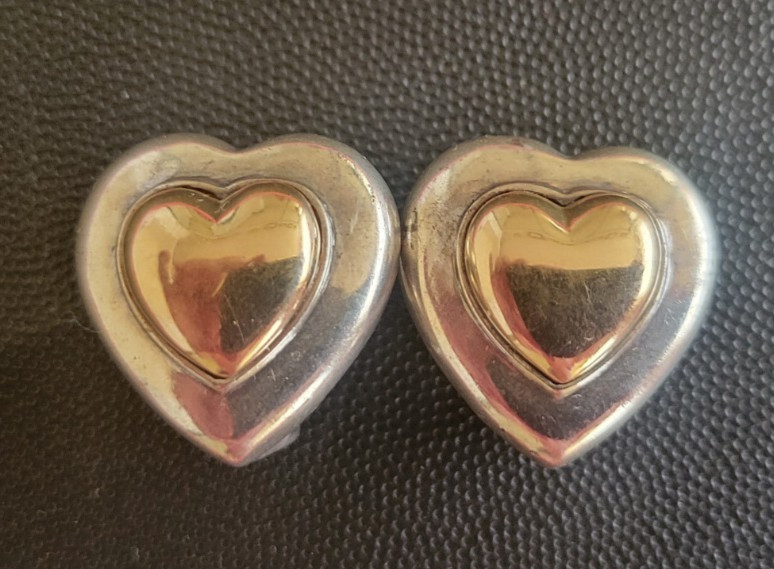 Paloma Picasso Tiffany Gold & Silver Heart Clip-on Earrings. Late 1980’s