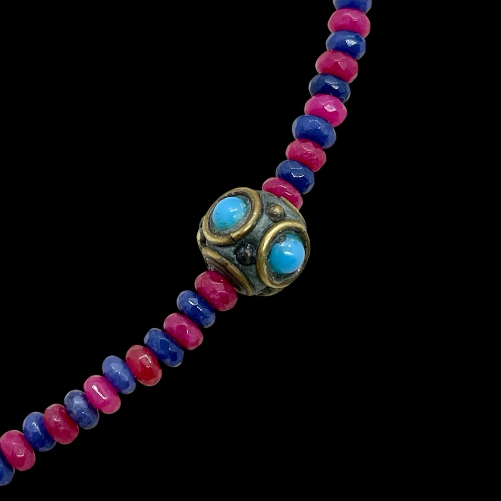 Vtg Nepalese Tibetan Brass Turquoise Glass Cabochon Amethyst Quartz Bead Choker