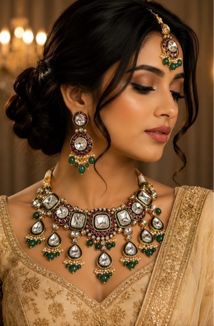 Indian Traditional Kundan Polki Green Nacklace With Beads Earrings Maang Tikka